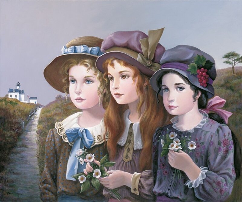 Three Girls with Flowers — Purple