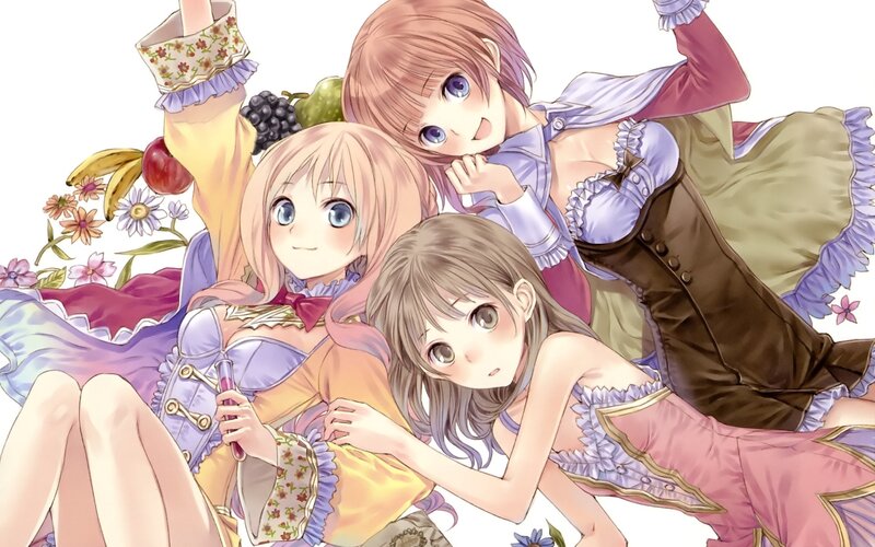 Three girls with fruit and flowers