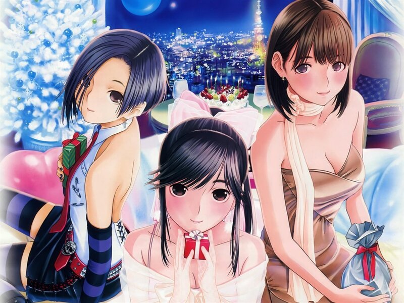 Three girls with gifts at night