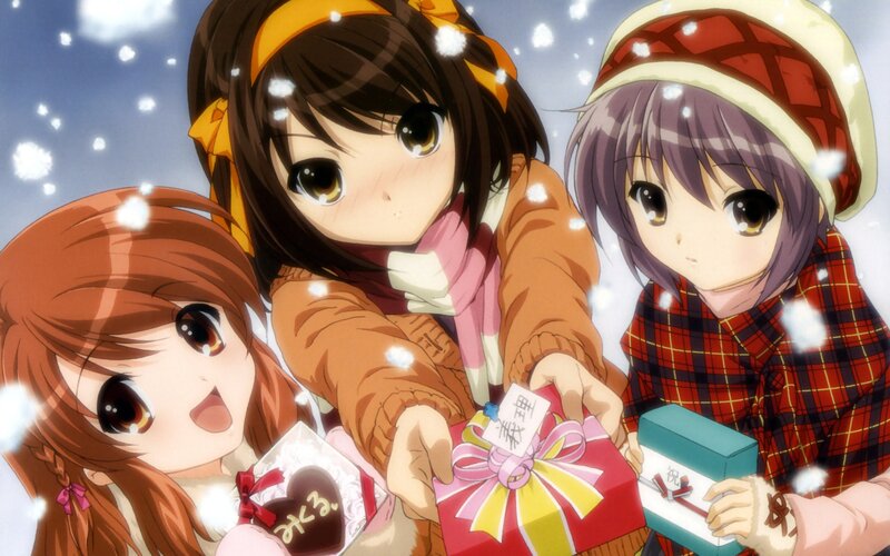 Three Girls with Gifts — Brown, Festive, Winter