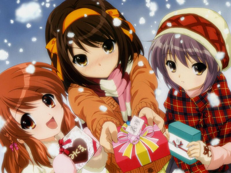 Three girls with gifts in snow