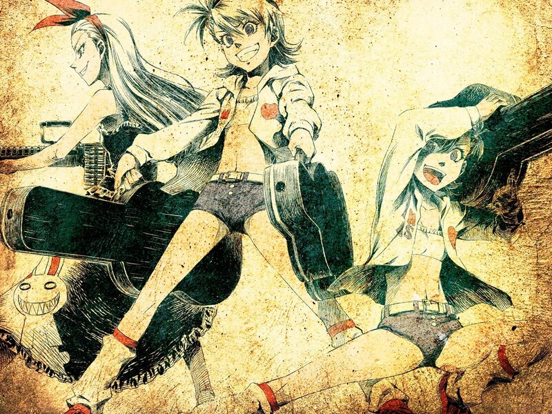 Three girls with guitars in action