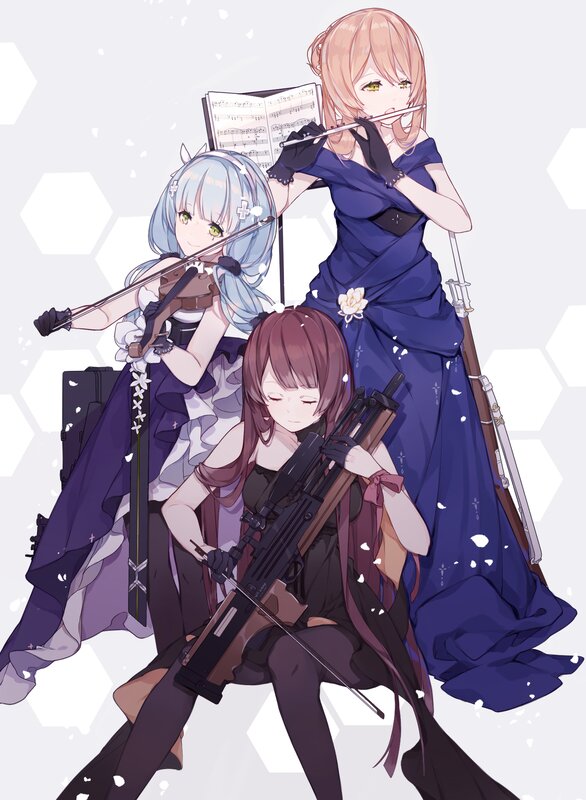 Three Girls with Instruments — Blue, Dramatic