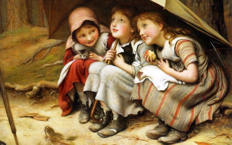 Three Girls with Kittens