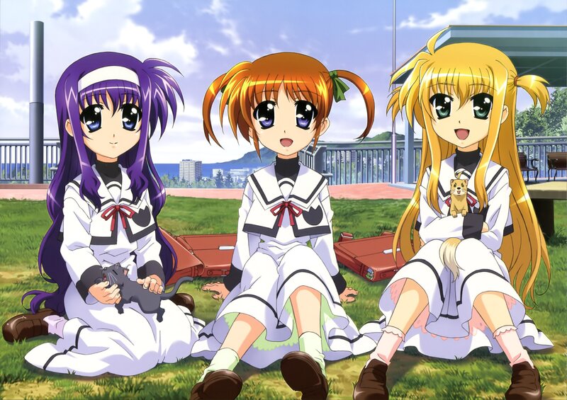 Three girls with pets in school uniforms