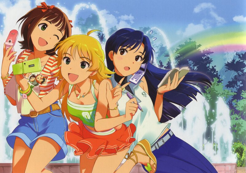 Three girls with phones and a rainbow