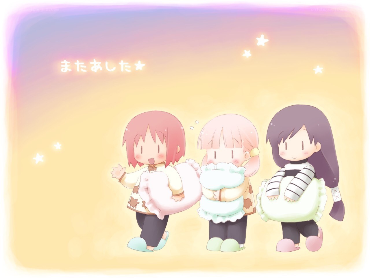 Three girls with pillows