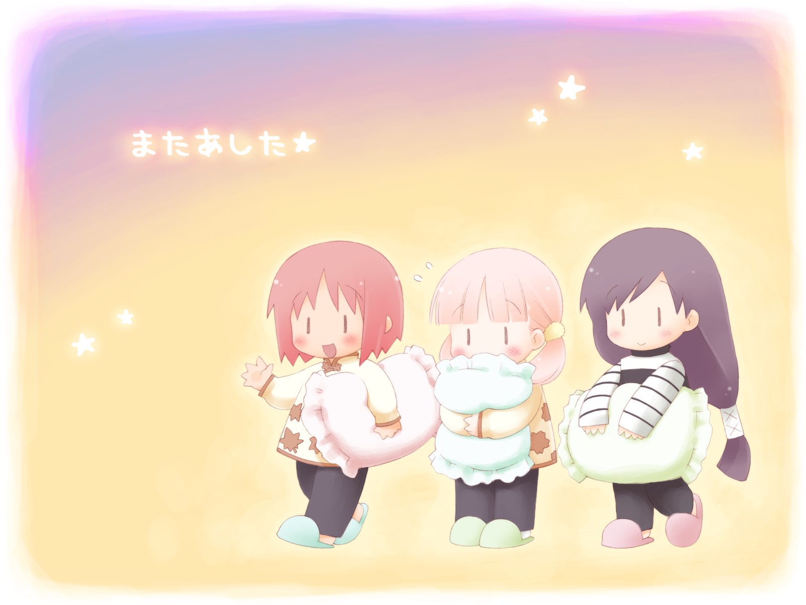 Three girls with pillows