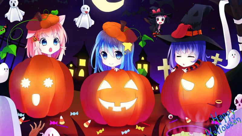 Three Girls with Pumpkins