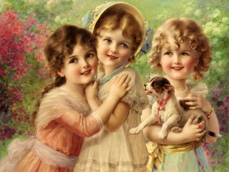 Three Girls with Puppy — Green, Cheerful