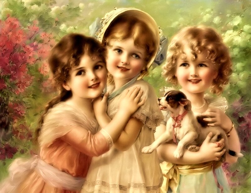 Three Girls with Puppy — Green, Serene, Spring