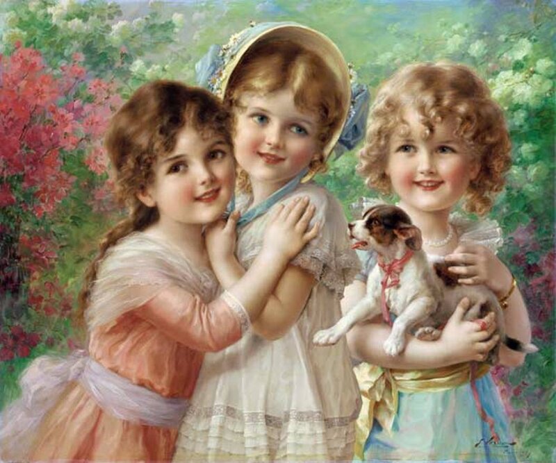 Three Girls with Puppy — Green, Serene
