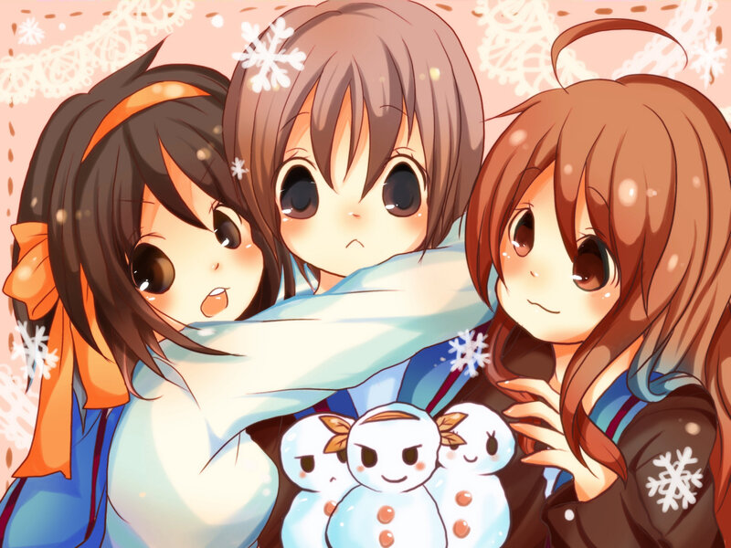 three girls with snowmen