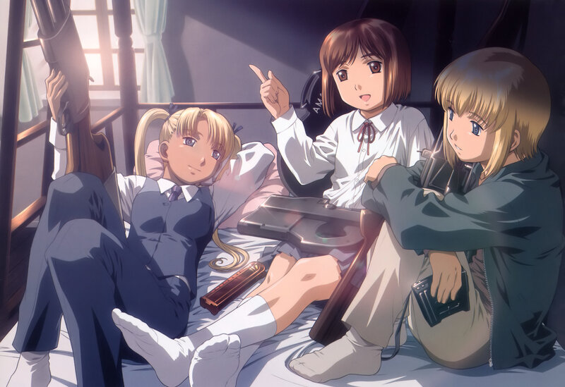Three girls with weapons in a room