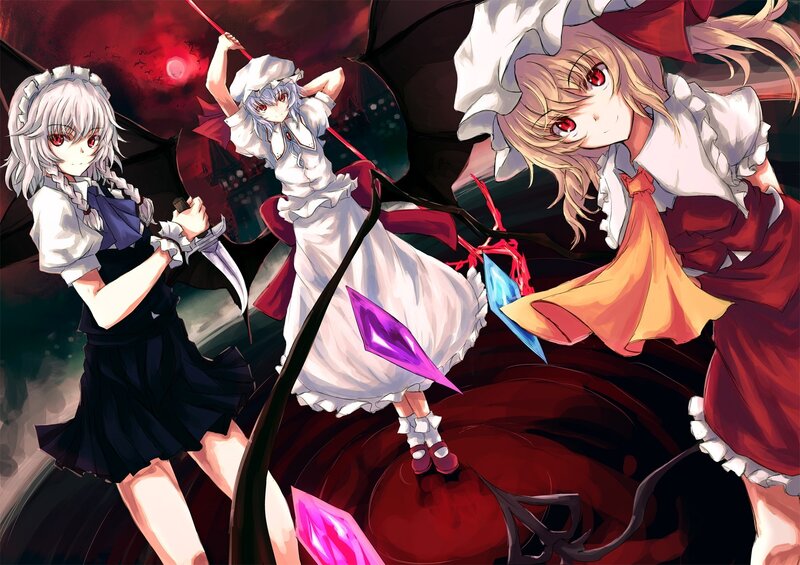 Three girls with weapons in dark setting