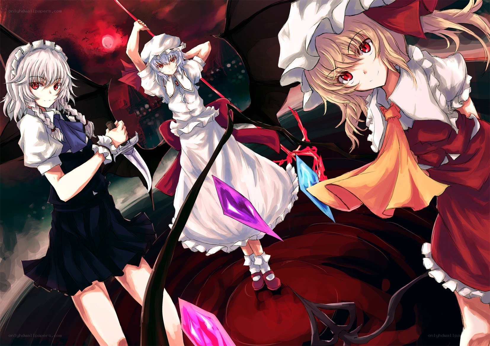 Three girls with weapons in dark setting