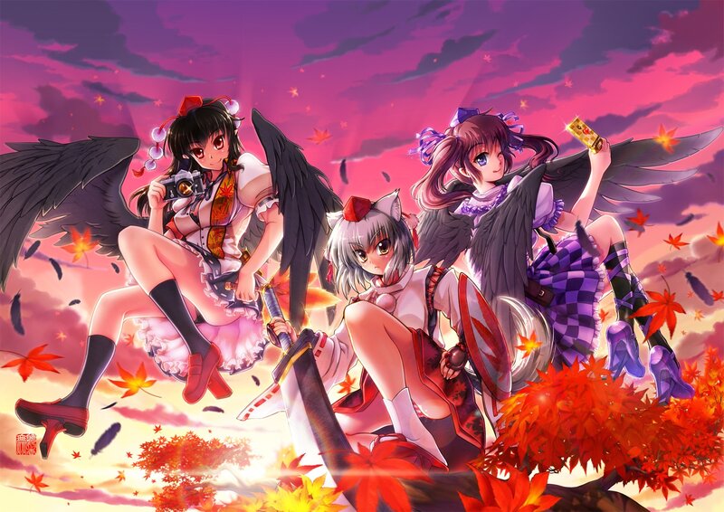 Three girls with wings in autumn