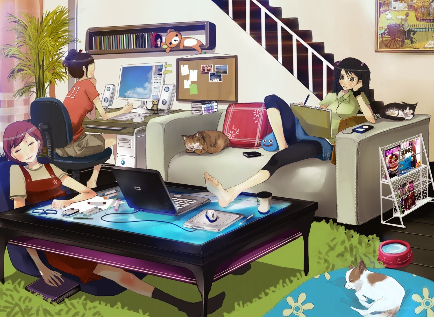 Three girls working at home