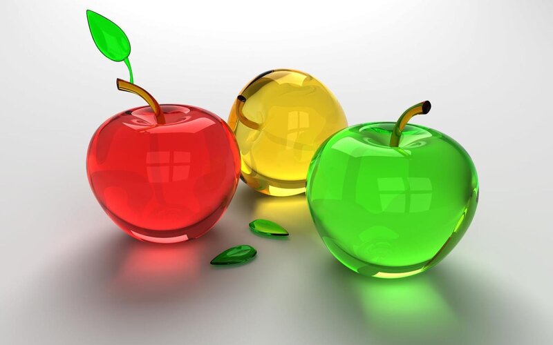 Three Glass Apples — Red, Calm, 3d Render, Leaves, Stem, Green, Yellow