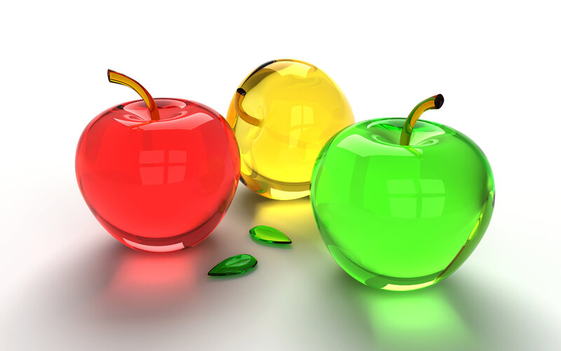 Three Glass Apples — Red, Clean, 3d Render, Leaves