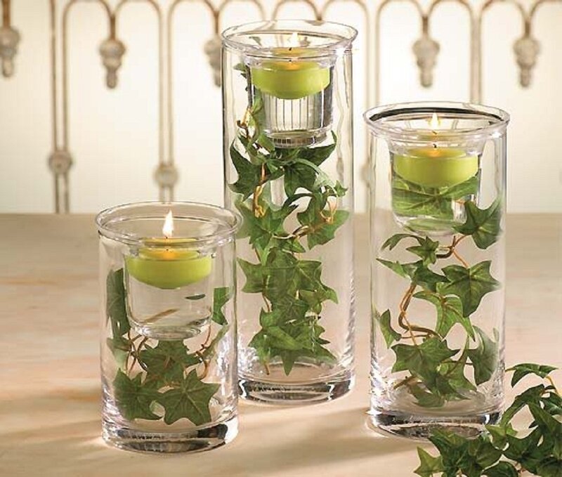 Three Glass Candle Holders — Green