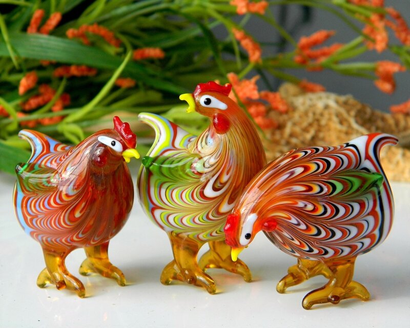 Three Glass Chicken Figurines