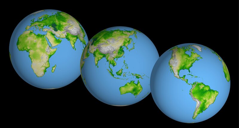 three globes showing continents