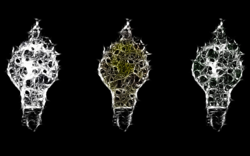 Three glowing bulb shapes