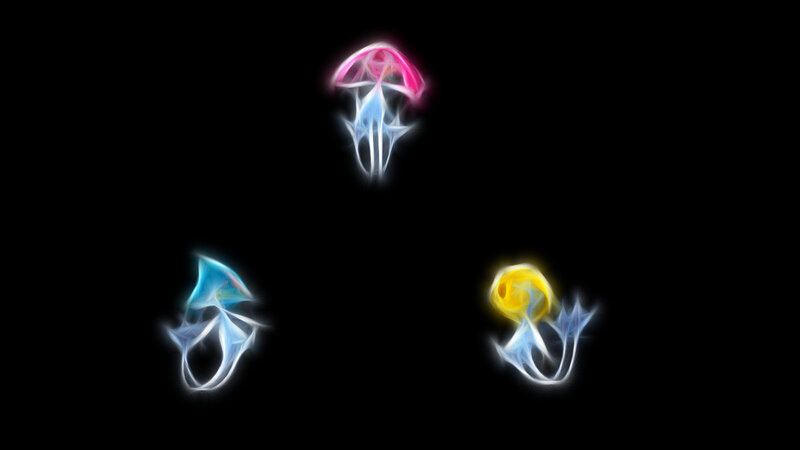 Three glowing jellyfish creatures