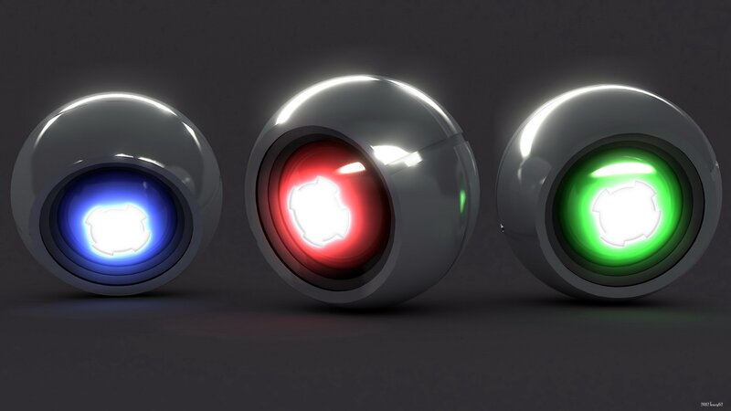 three glowing orbs in blue red and green
