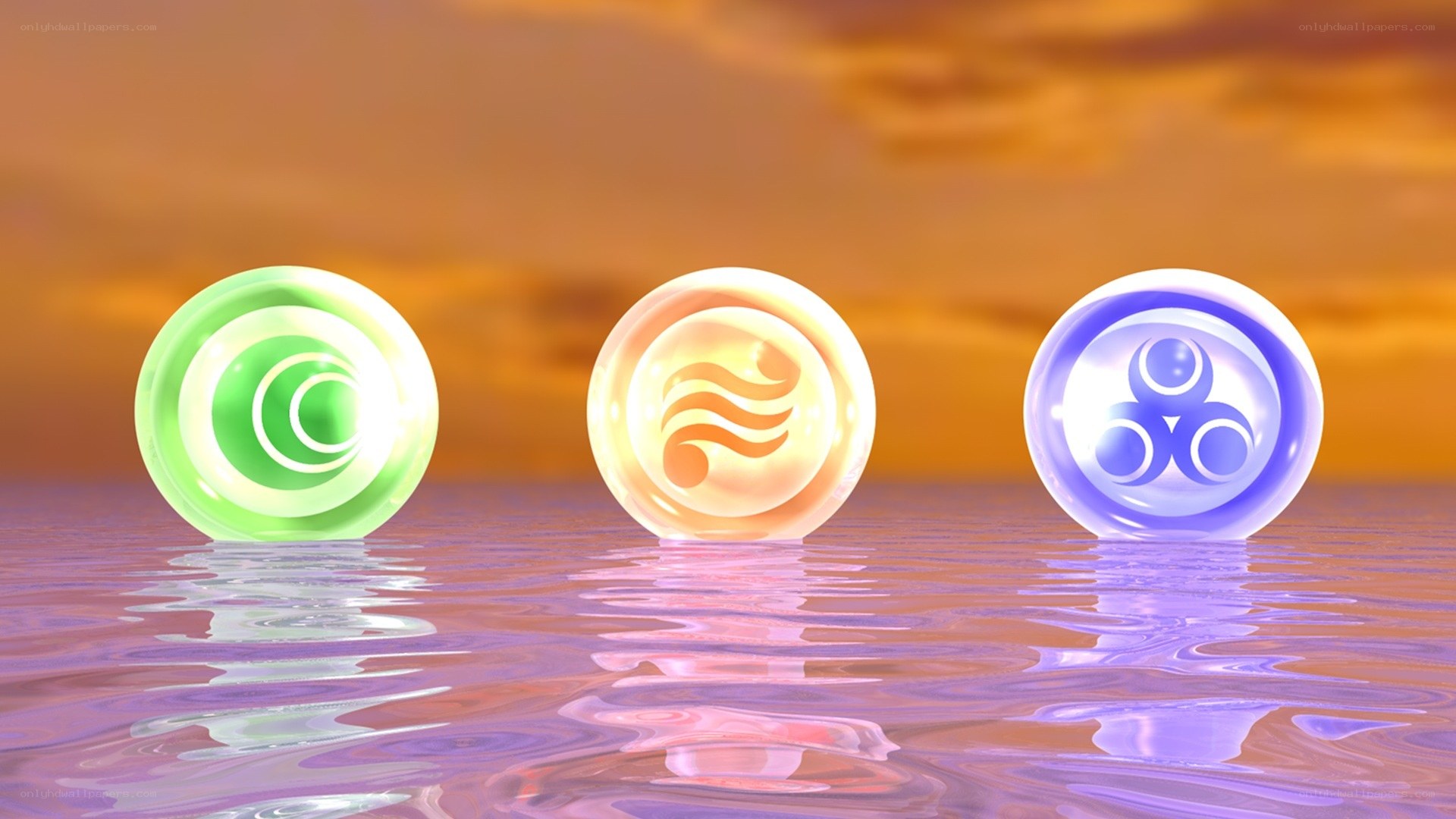 three glowing orbs on water