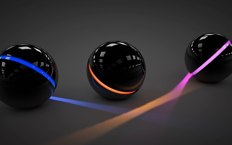 Three Glowing Spheres — Black, Dark, 3d Render, Light Beams