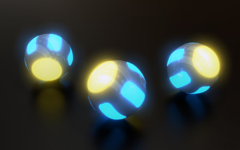 Three Glowing Spheres — Blue