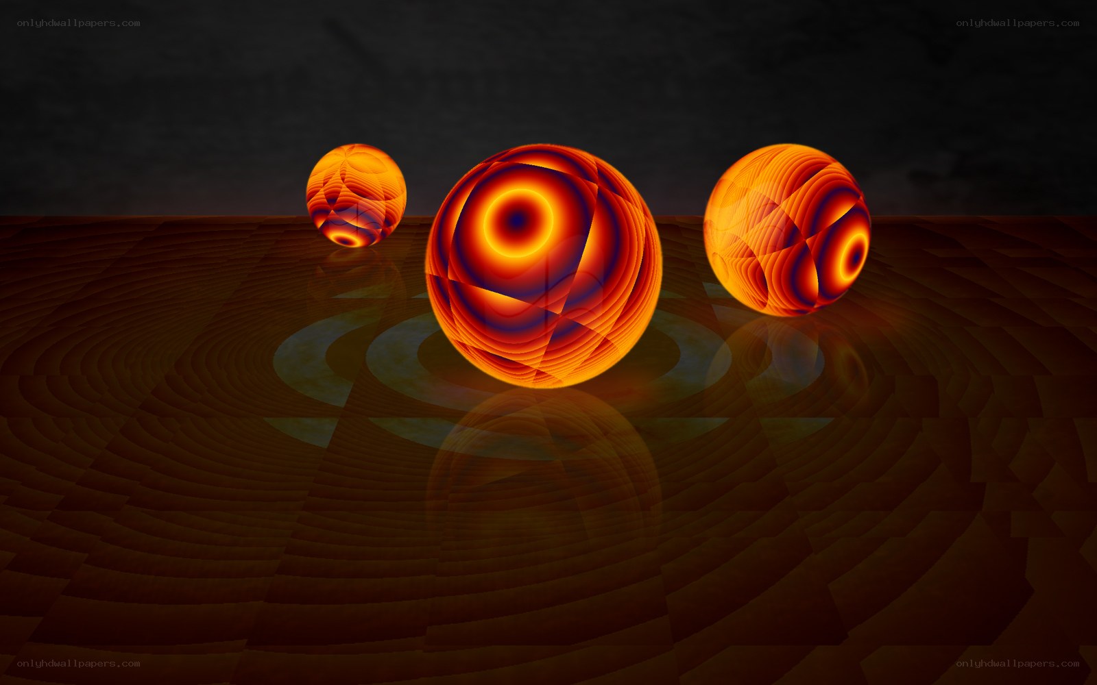 Three glowing spheres on a wooden surface