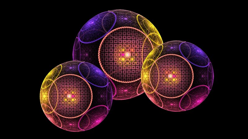 Three Glowing Spheres — Purple, Abstract