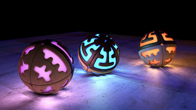 Three Glowing Spheres — Purple, Dark
