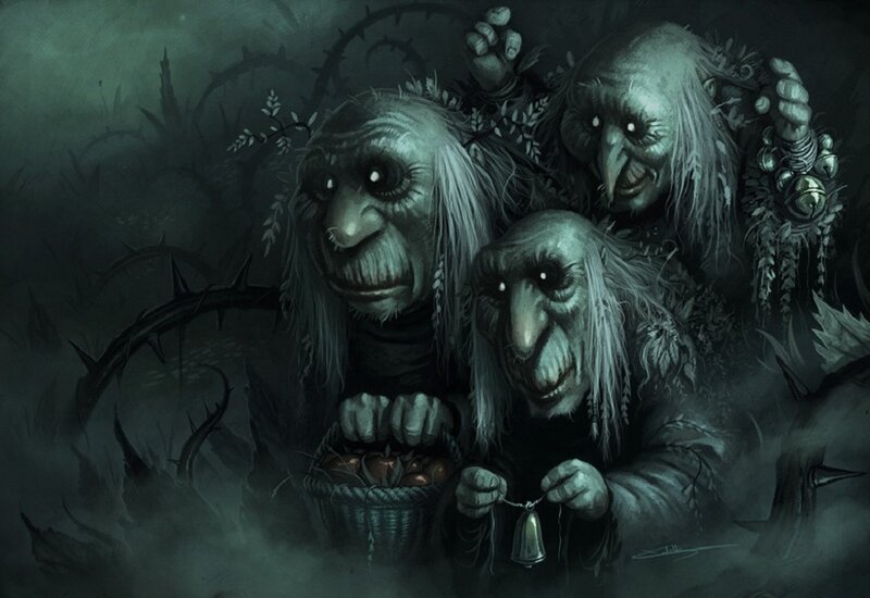 Three goblin-like creatures in a dark forest