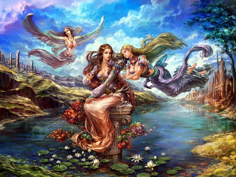 Three goddesses by a river