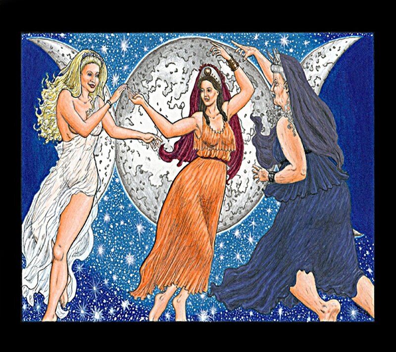 Three goddesses dancing around the moon