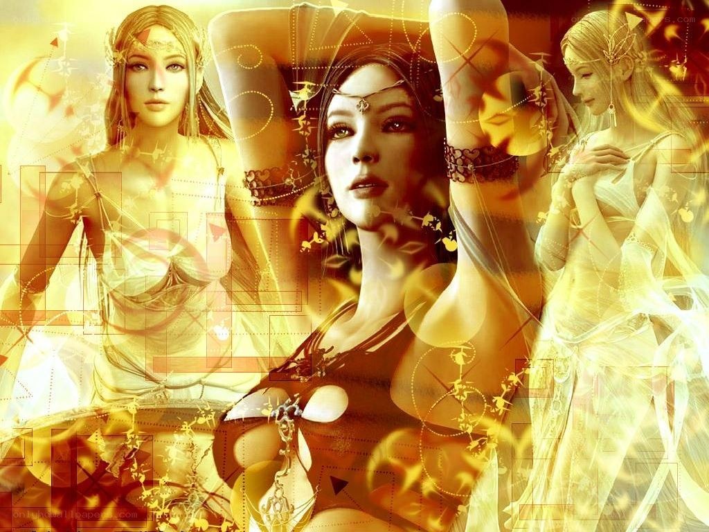 three goddesses in golden light