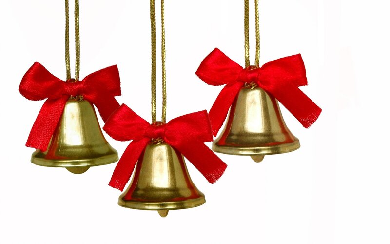 three golden bells with red bows