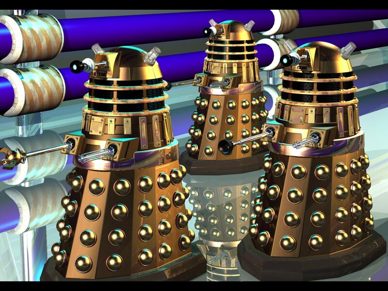 Three golden Daleks in a lab
