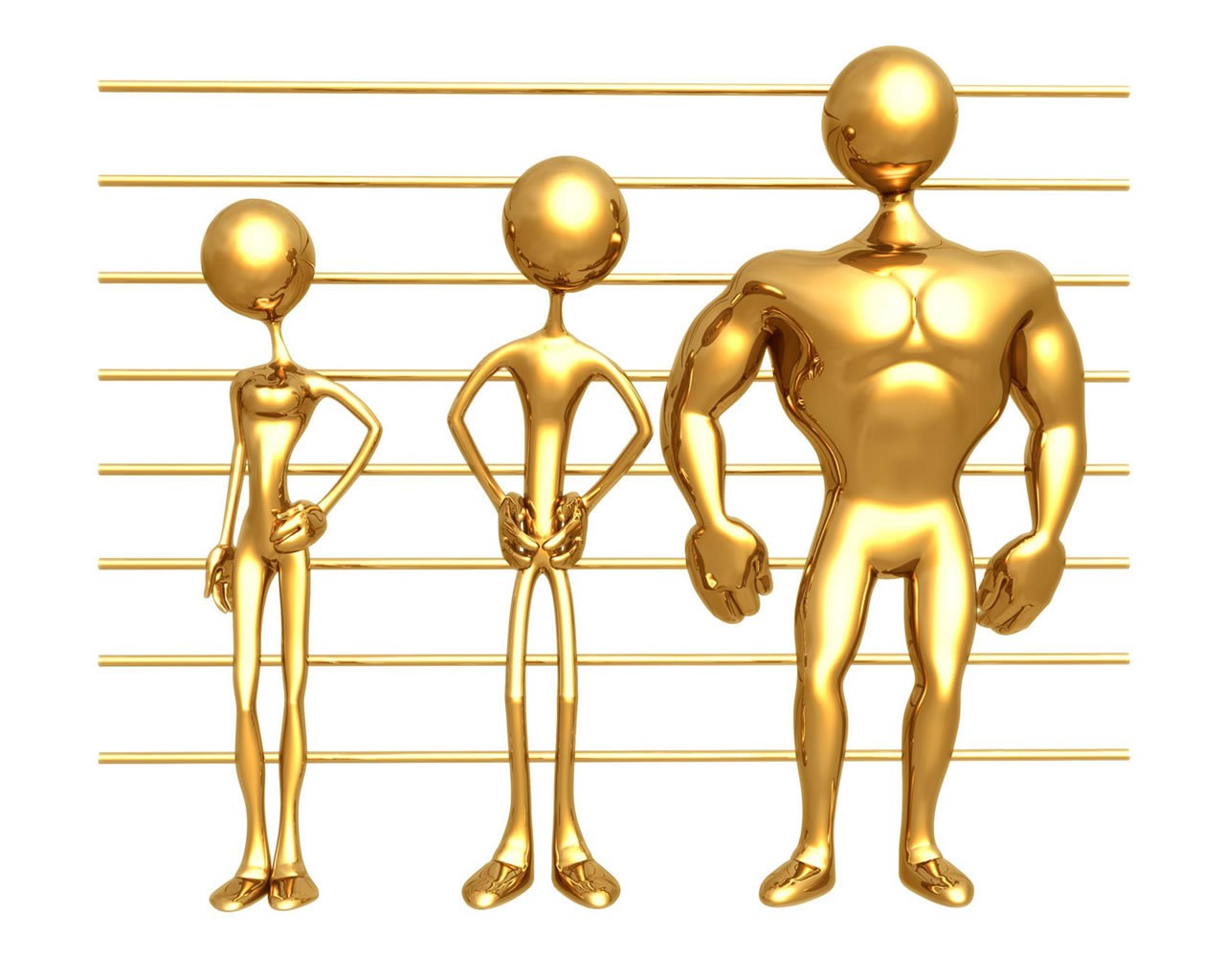 Three golden figures in a lineup