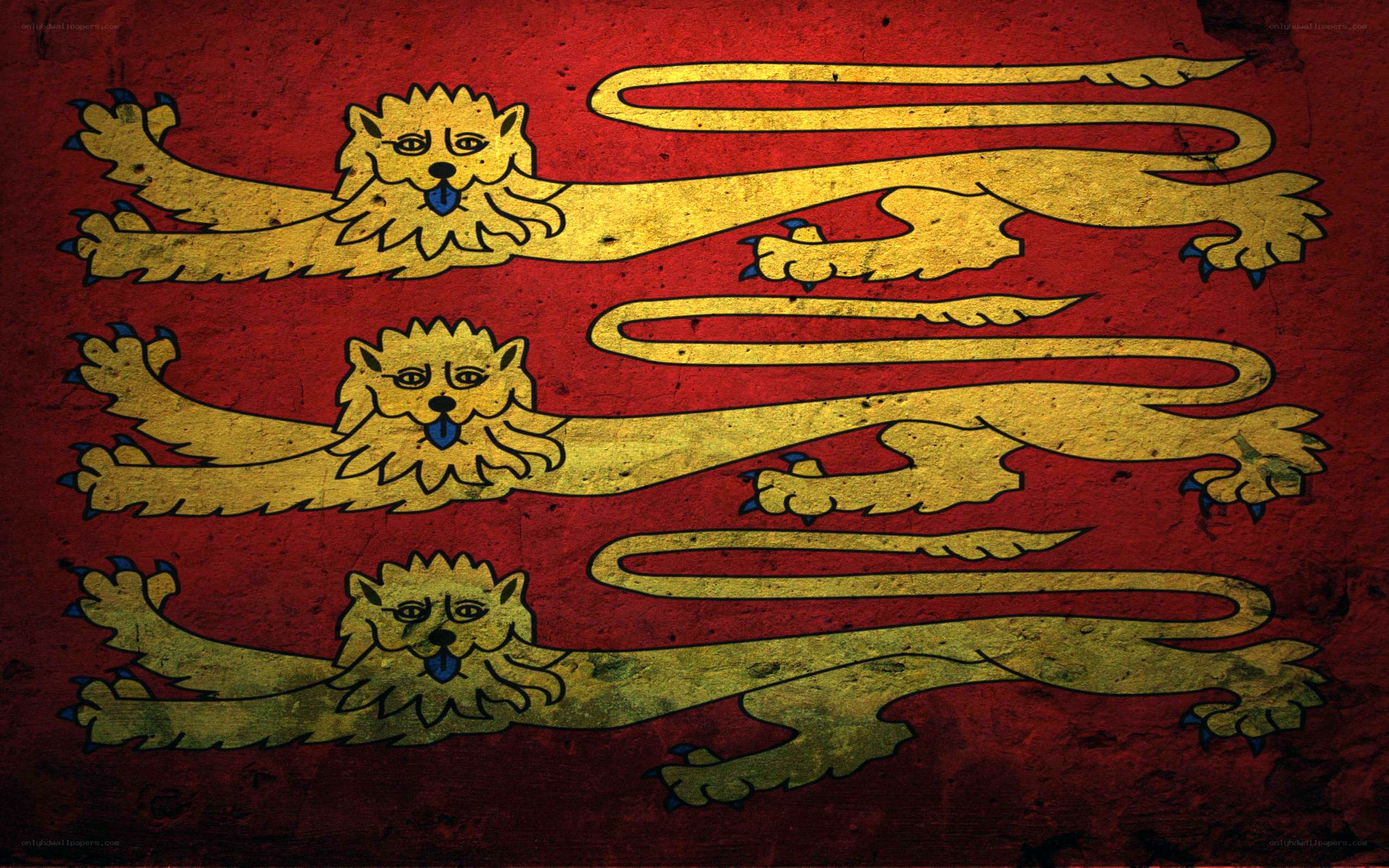 Three golden lions on red