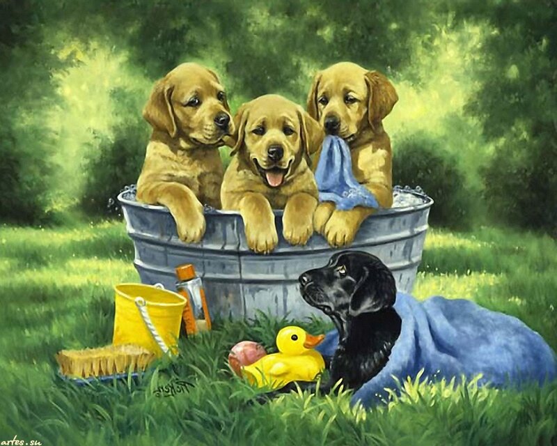 Three Golden Puppies — Green