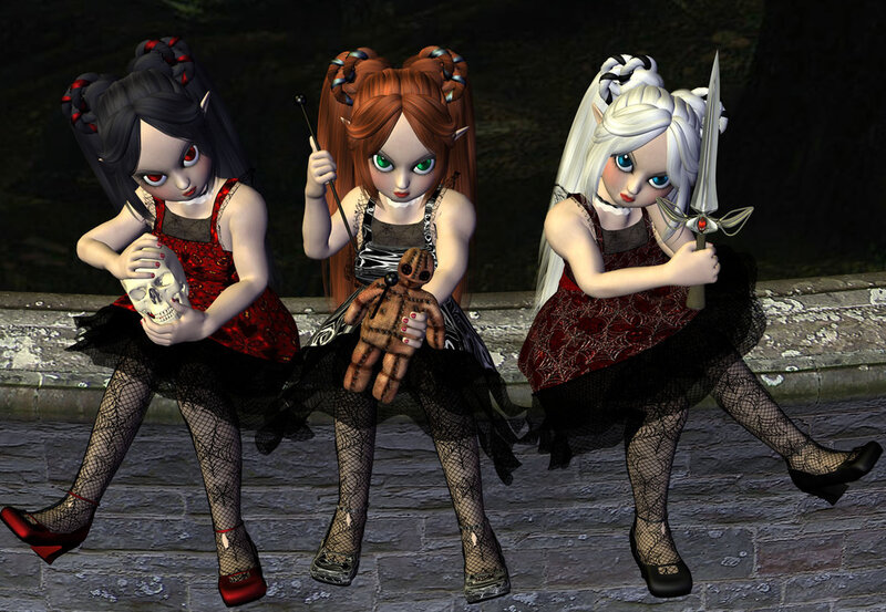 Three gothic girls with toys