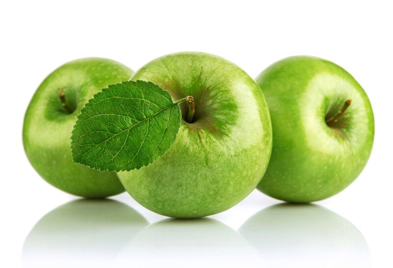 Three Green Apples — Clean, Photograph, Leaf, Stem, Reflection, White
