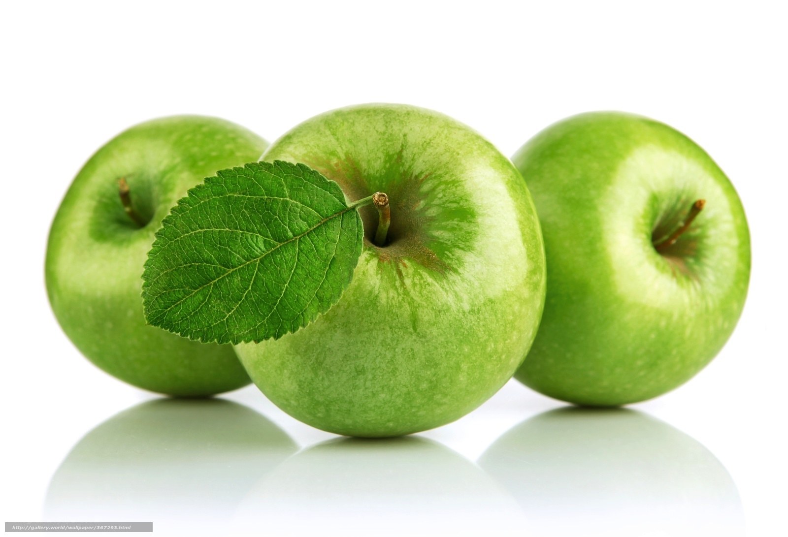 Three green apples with leaf