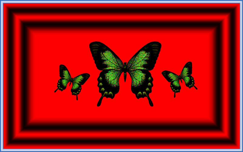 Three green butterflies on red
