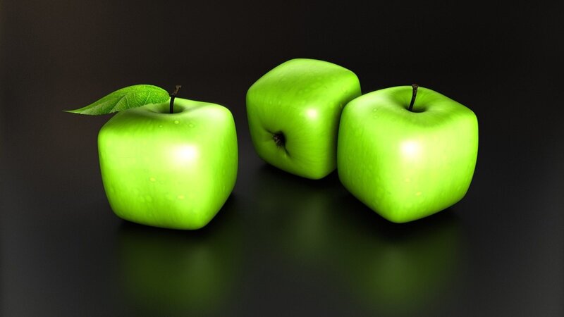 Three Green Cube Apples — Dramatic